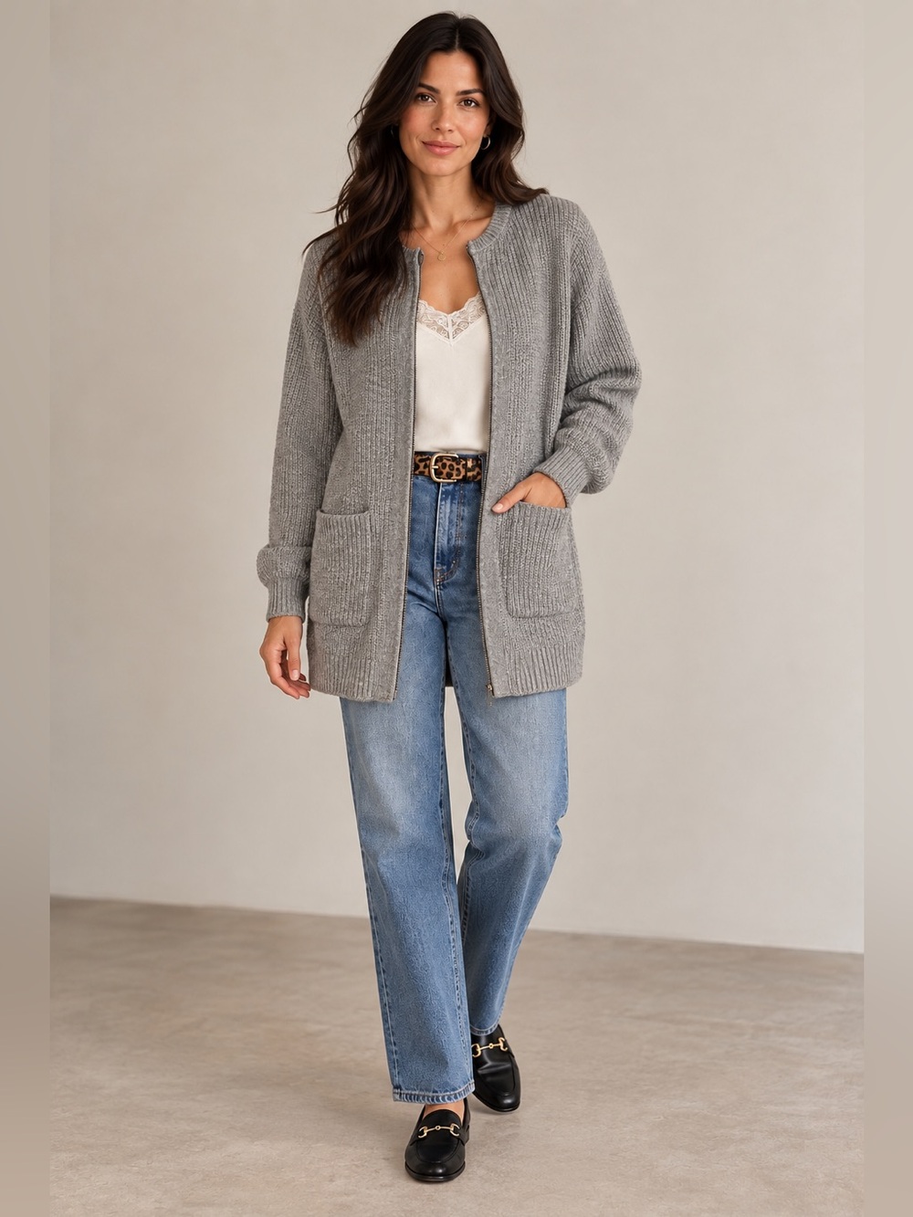 EVEREVE Harlow Zipper Cardigan Gray Ribbed Knit Sweater Small